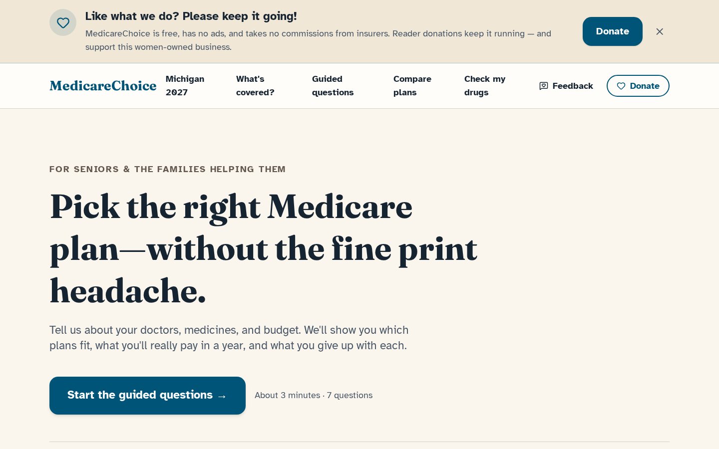 MedicareChoice homepage with the headline “Pick the right Medicare plan—without the fine print headache.”