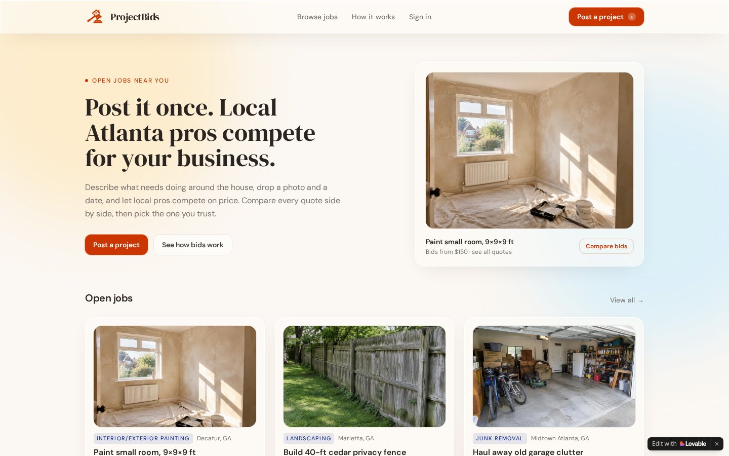 ProjectBids homepage with the headline “Post it once. Local Atlanta pros compete for your business.”
